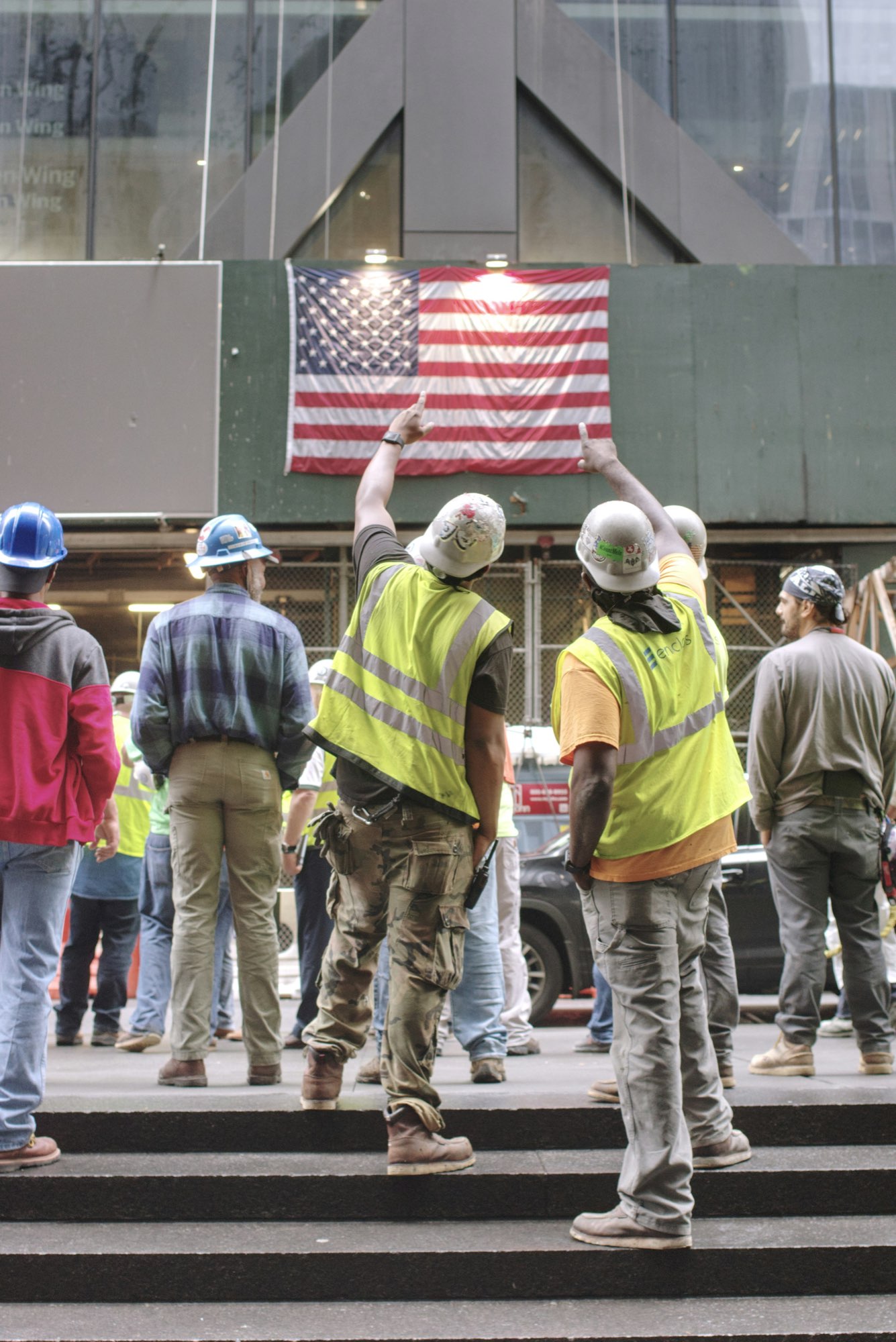 Workers in hard hats on an active construction site